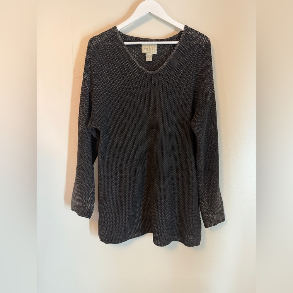 Express Tricot Vintage 80’s Charcoal V-Neck Crochet Sweater Tunic Small Baddie!!